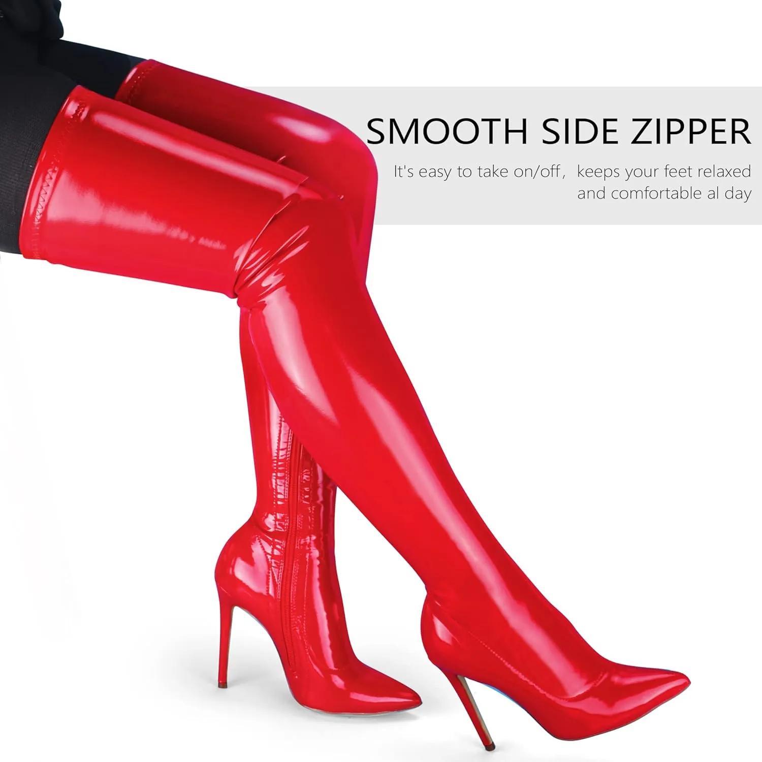 Women's Patent Leather PU Thigh High Boots Pointy Toe Side Zippe Fashion Comfy Sexy Stiletto High Heel Over The Knee Boots