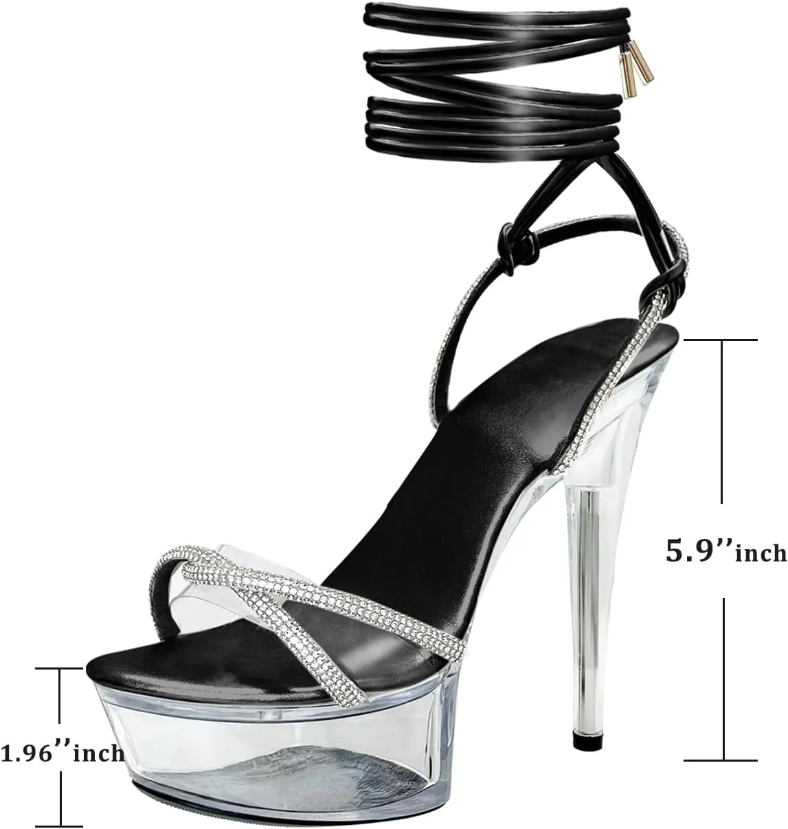 Women's Rhinestones Strap Clear Platform Stiletto Heels Sparkly Tie Up Strappy Sandals