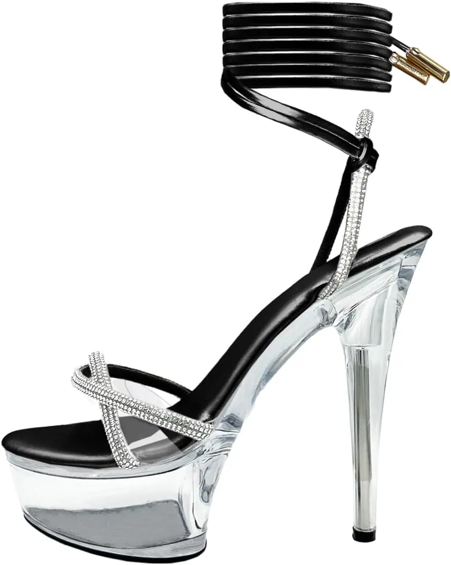 Women's Rhinestones Strap Clear Platform Stiletto Heels Sparkly Tie Up Strappy Sandals