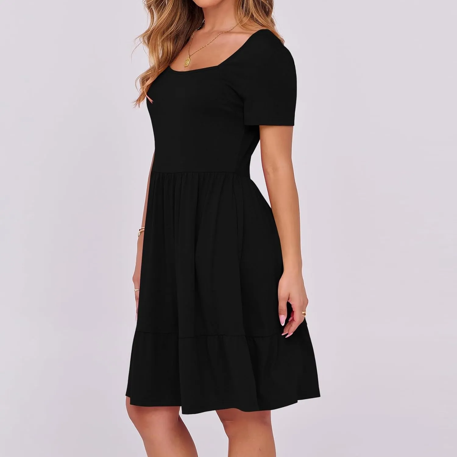 Women's Summer Casual Short Sleeve Square Neck Swing Dress Basic Flowy Midi Beach Dress Solid Color Wrap Sundress