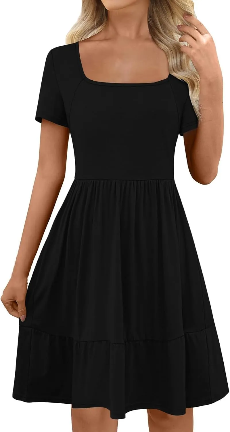 Women's Summer Casual Short Sleeve Square Neck Swing Dress Basic Flowy Midi Beach Dress Solid Color Wrap Sundress