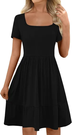 Women's Summer Casual Short Sleeve Square Neck Swing Dress Basic Flowy Midi Beach Dress Solid Color Wrap Sundress