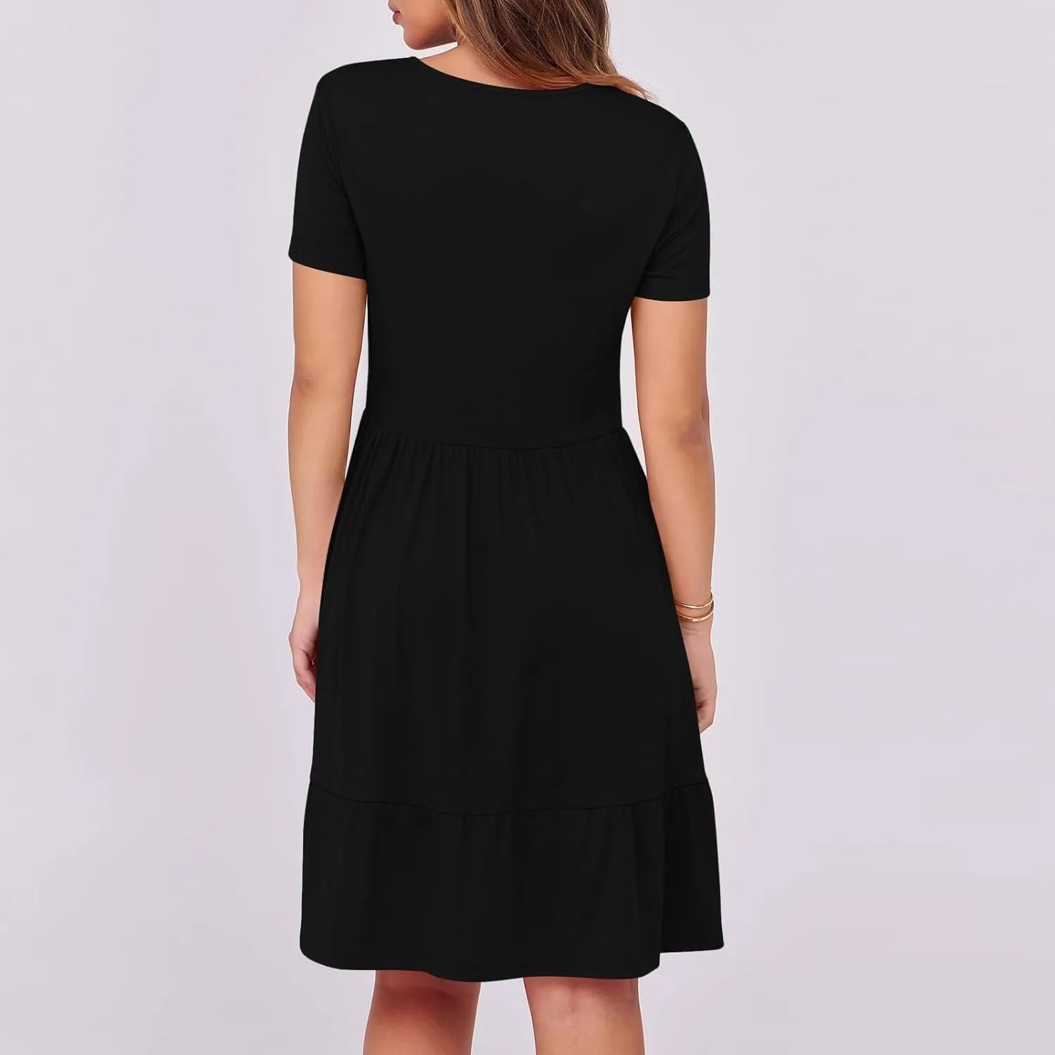 Women's Summer Casual Short Sleeve Square Neck Swing Dress Basic Flowy Midi Beach Dress Solid Color Wrap Sundress