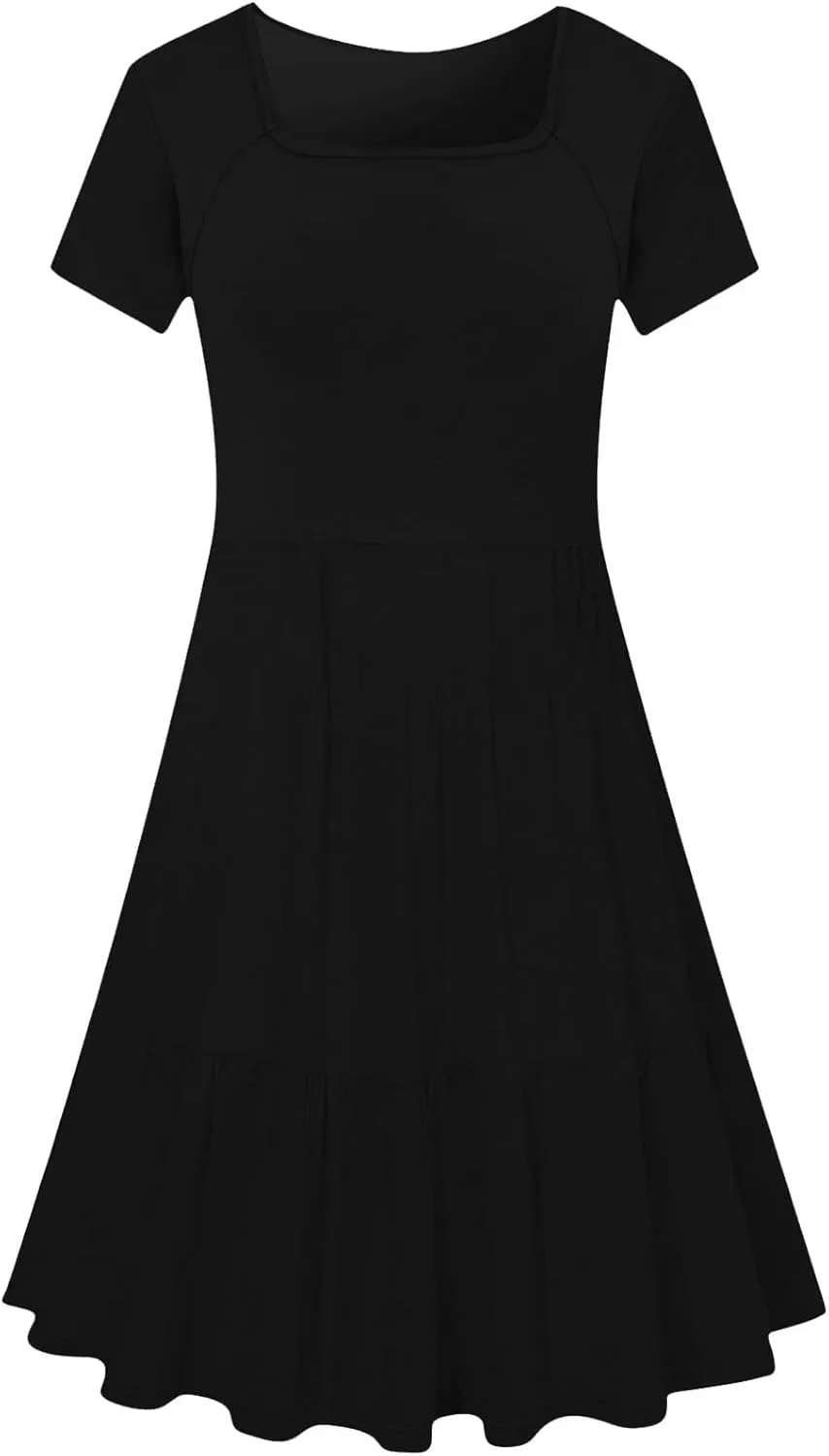Women's Summer Casual Short Sleeve Square Neck Swing Dress Basic Flowy Midi Beach Dress Solid Color Wrap Sundress