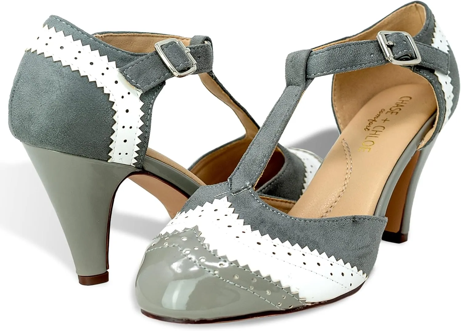 Women's Two Tones Wing Tips Retro Rockability 1950s Vintage T-Strap Pinup Style Pump Flapper