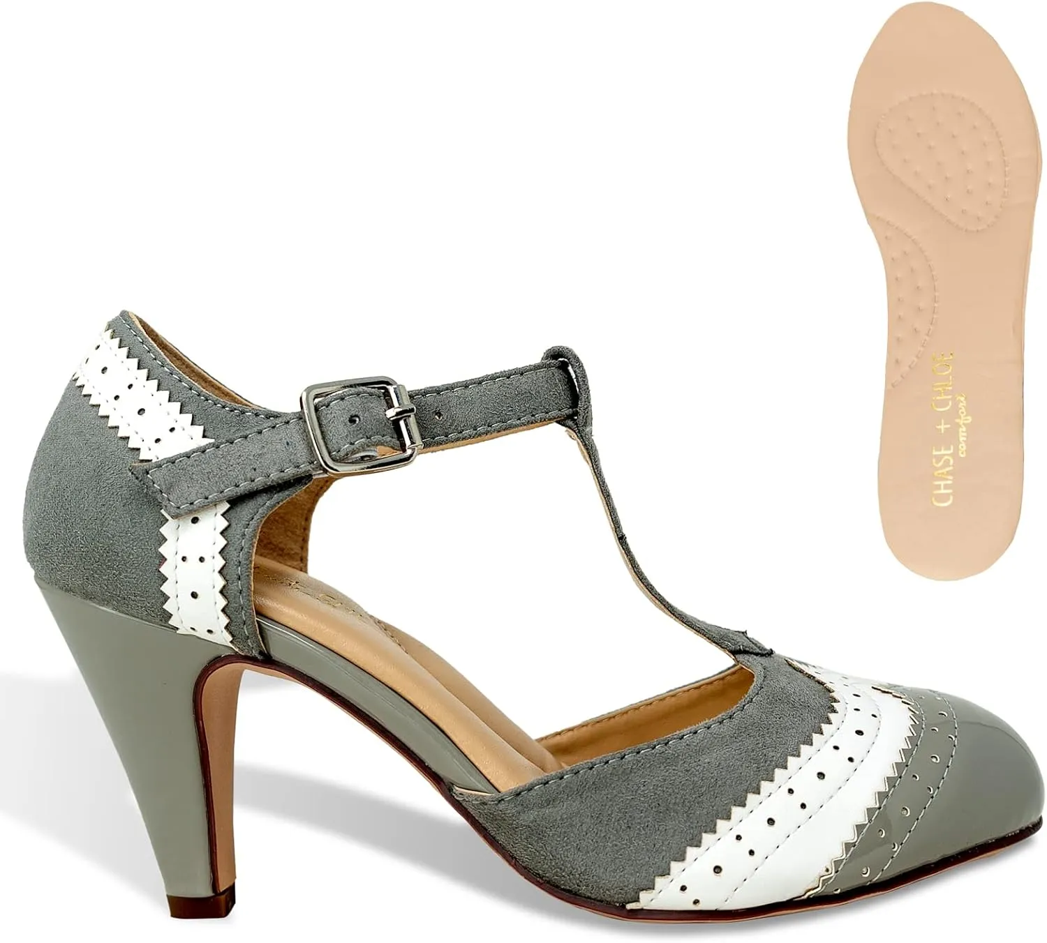 Women's Two Tones Wing Tips Retro Rockability 1950s Vintage T-Strap Pinup Style Pump Flapper