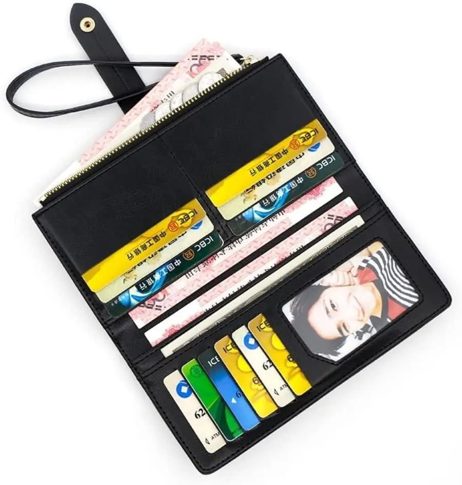 Wristlet Strap Clutch Purse Long Fold-over Credit Holder Wallet Leather Wallet for Women