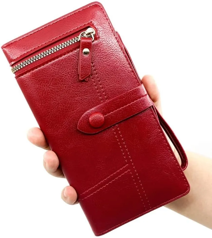 Wristlet Strap Clutch Purse Long Fold-over Credit Holder Wallet Leather Wallet for Women