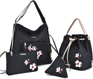 YAQUNICER Women Synthetic PU Leather Peach blossom embroidery Satchel Crossbody Hobo 4pcs Top-Handle Handbags Clutches Purse