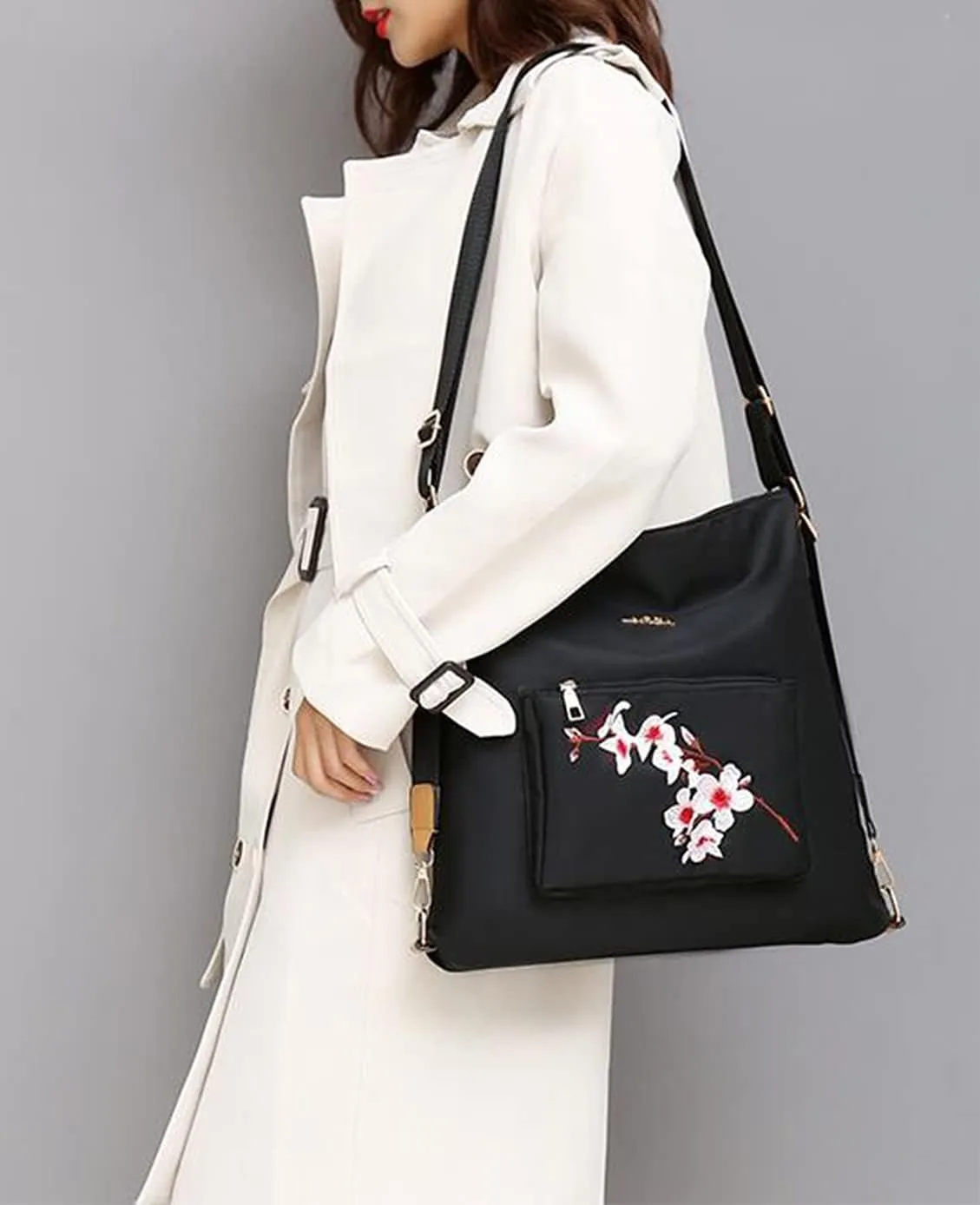 YAQUNICER Women Synthetic PU Leather Peach blossom embroidery Satchel Crossbody Hobo 4pcs Top-Handle Handbags Clutches Purse
