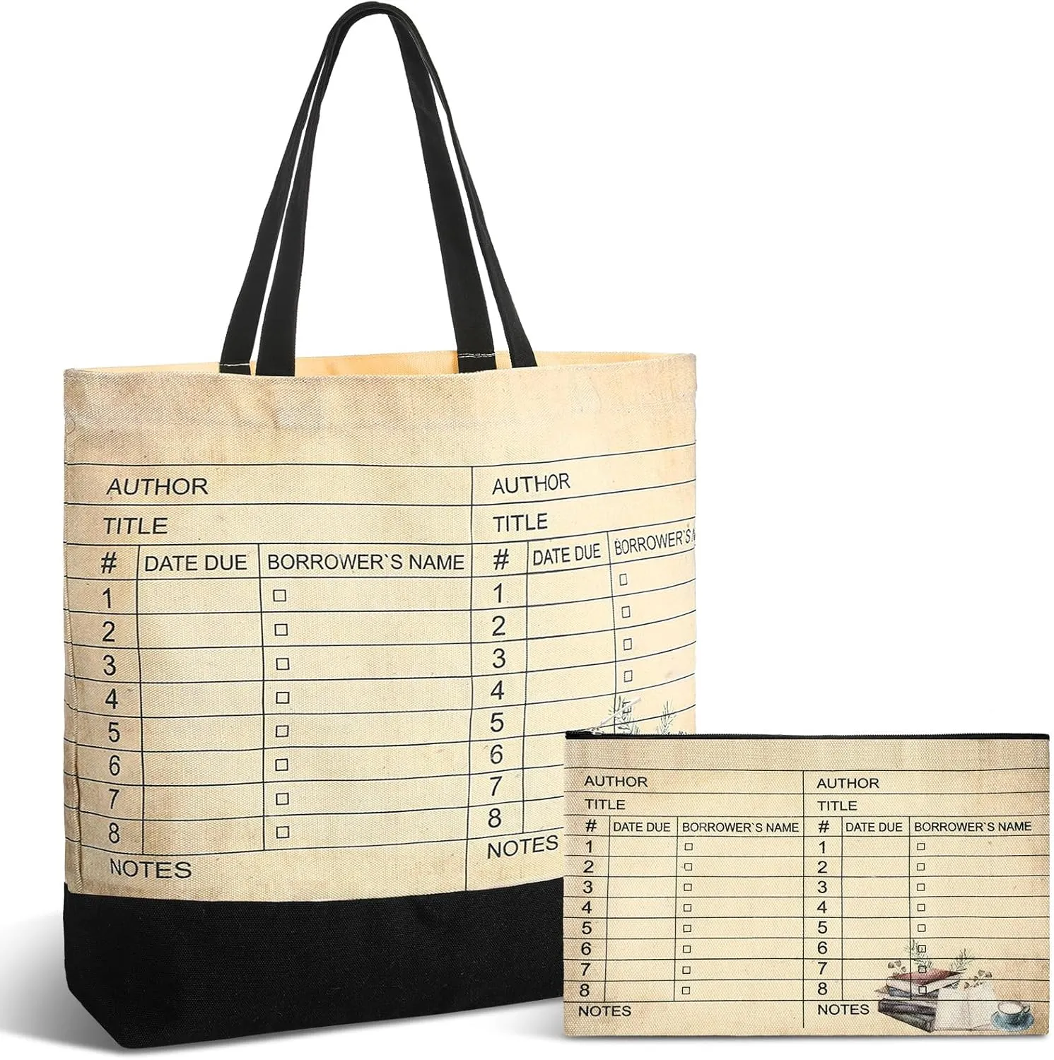 Yinder 2 Pcs Book Lover Gift Library Book Tote Bag Library Card Reusable Cosmetic Bag Print Zipper for Women Gifts