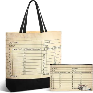 Yinder 2 Pcs Book Lover Gift Library Book Tote Bag Library Card Reusable Cosmetic Bag Print Zipper for Women Gifts