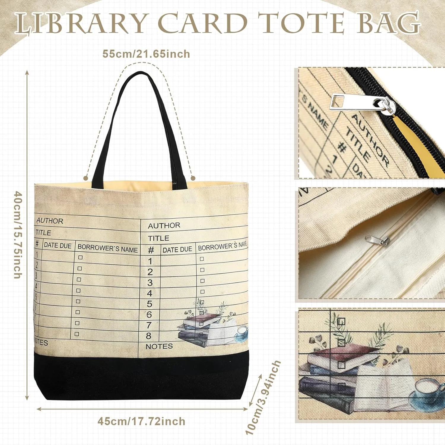 Yinder 2 Pcs Book Lover Gift Library Book Tote Bag Library Card Reusable Cosmetic Bag Print Zipper for Women Gifts