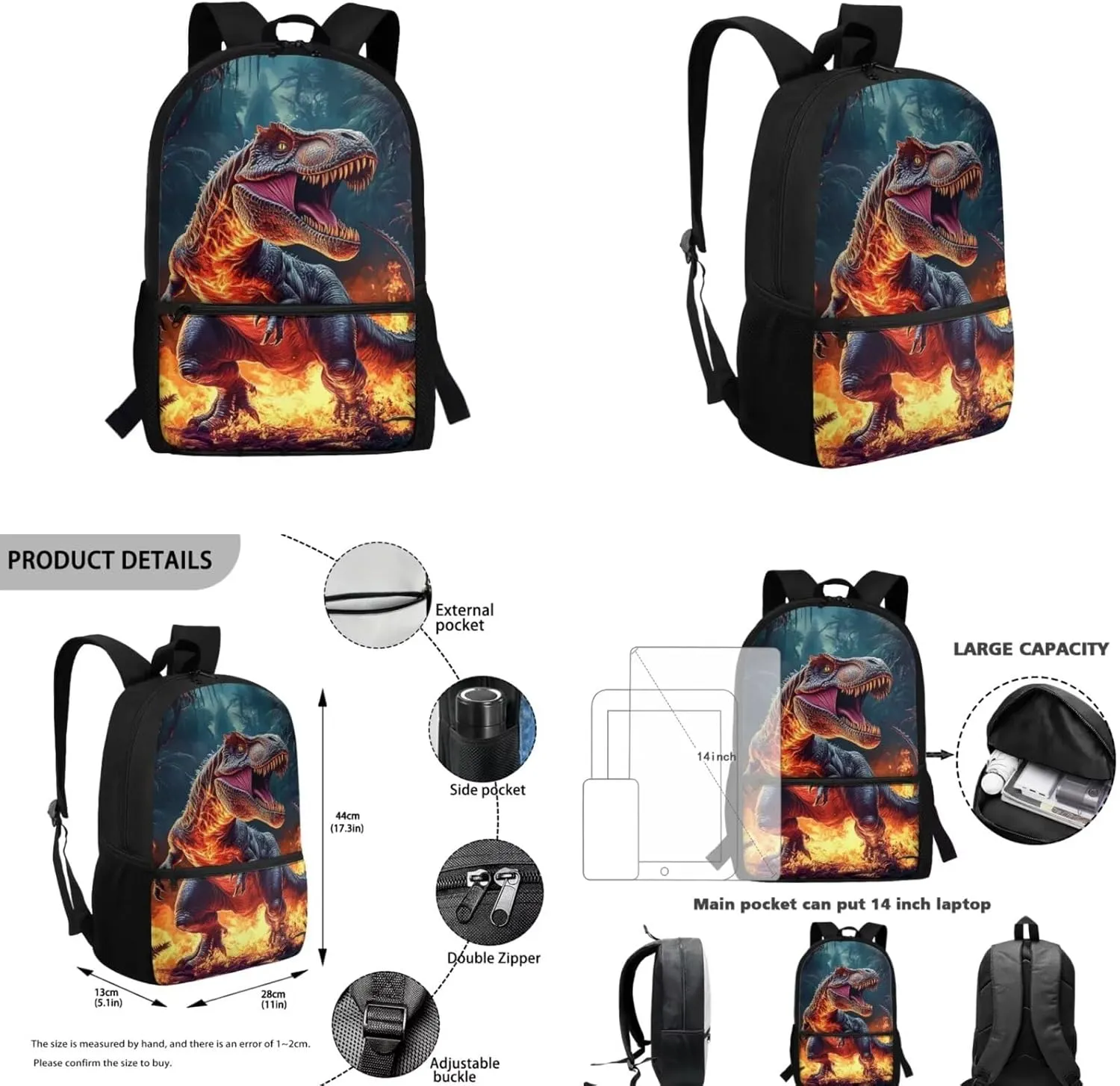 ZFRXIGN Dinosaur Backpack for Boys Back To School Backpacks 17 inch Bookbag with Lunchbox Zipper Pencil Case Water Bottle Sleeve with Strap Elementary School Bags 4 in 1 Set