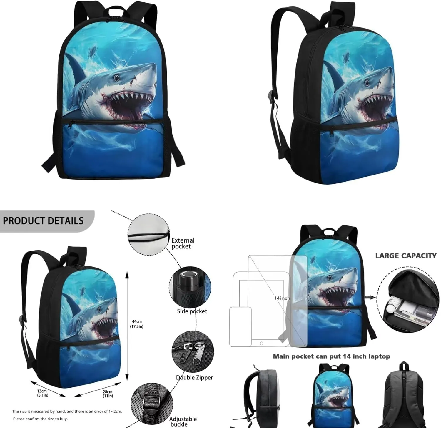 ZFRXIGN Shark Backpack for Boys Back To School Backpacks 17 inch Bookbag with Lunchbox Cap Sleeve Pencil Case Elementary School Bags 4 pieces Set Blue Ocean Theme