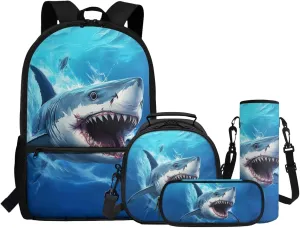 ZFRXIGN Shark Backpack for Boys Back To School Backpacks 17 inch Bookbag with Lunchbox Cap Sleeve Pencil Case Elementary School Bags 4 pieces Set Blue Ocean Theme