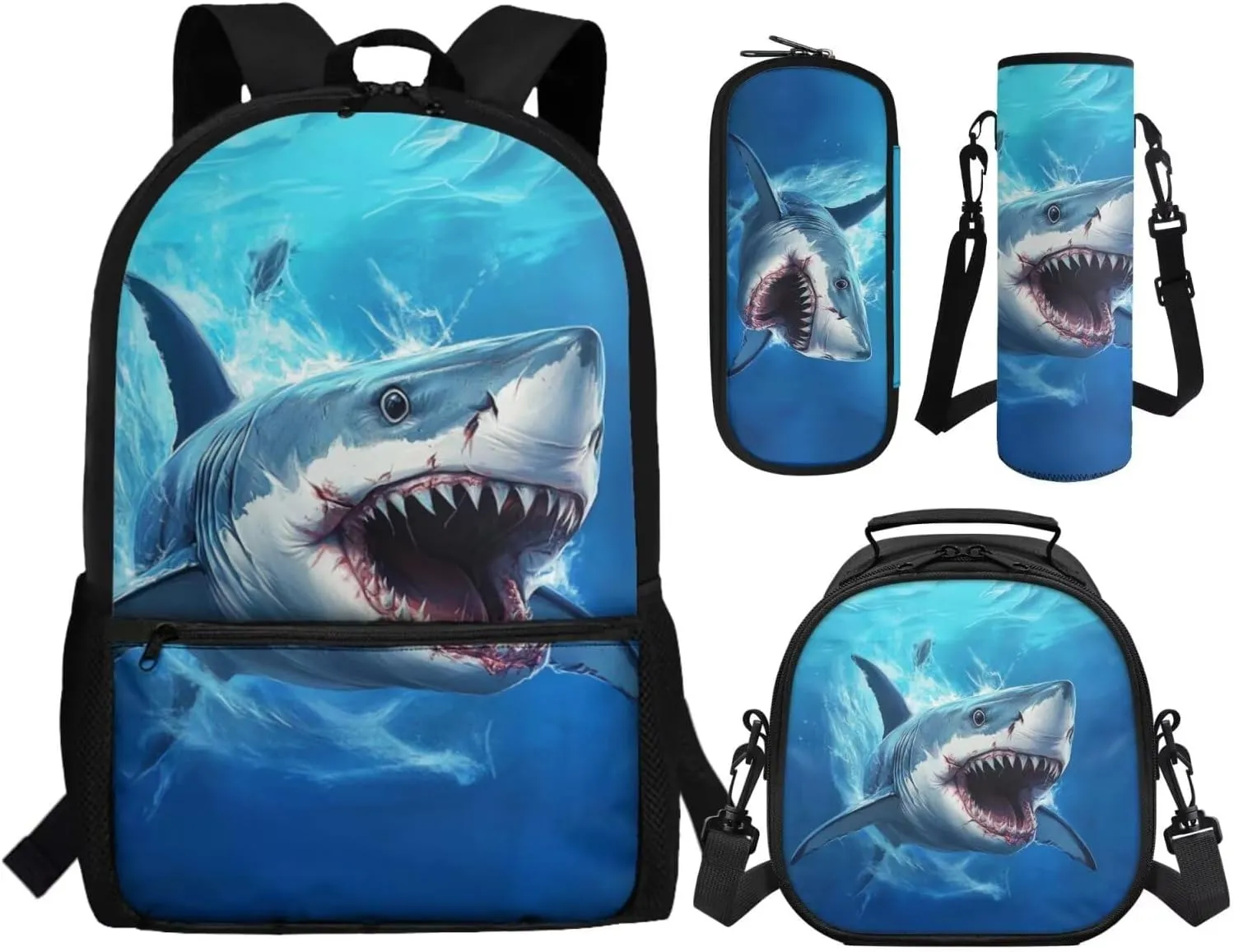 ZFRXIGN Shark Backpack for Boys Back To School Backpacks 17 inch Bookbag with Lunchbox Cap Sleeve Pencil Case Elementary School Bags 4 pieces Set Blue Ocean Theme