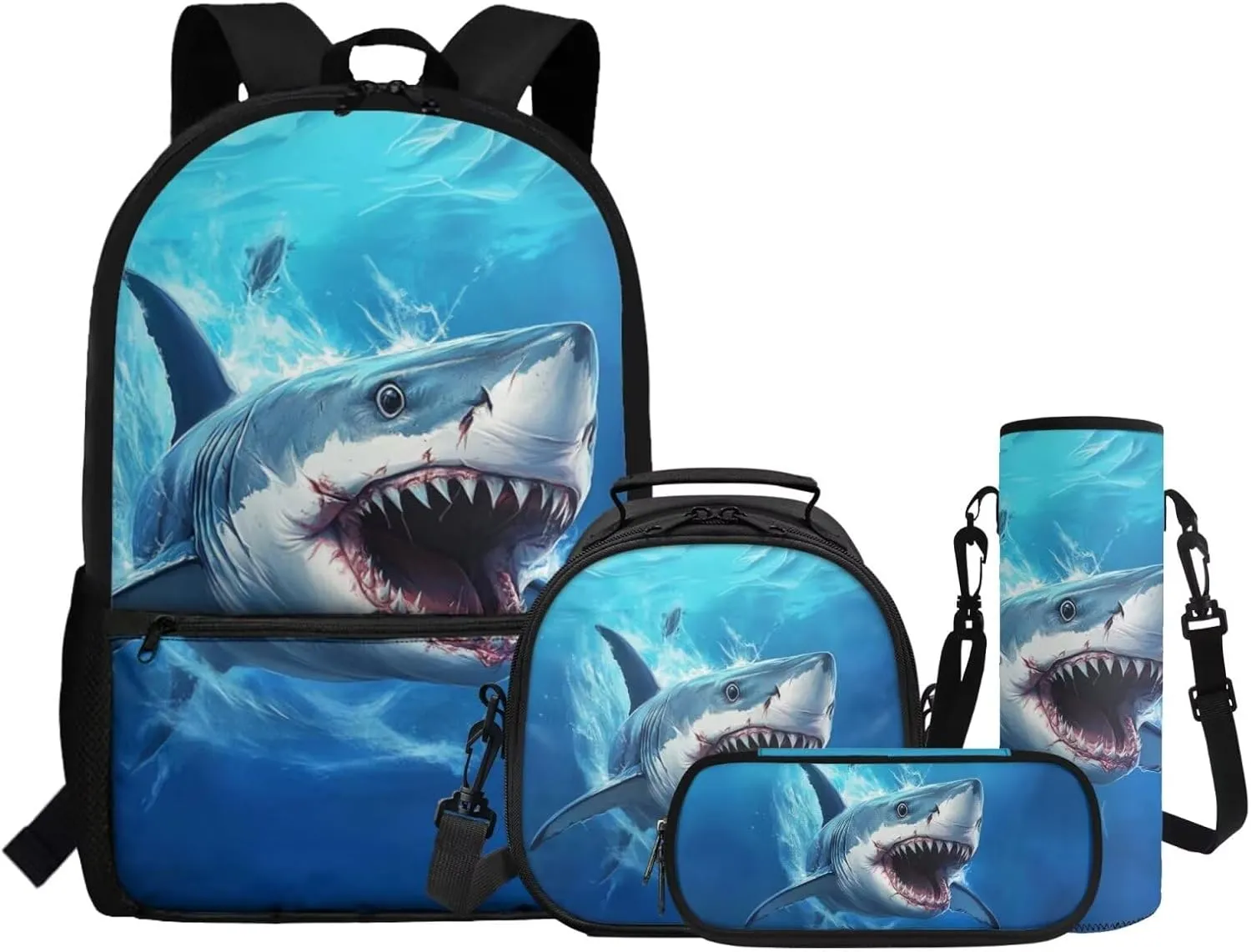 ZFRXIGN Shark Backpack for Boys Back To School Backpacks 17 inch Bookbag with Lunchbox Cap Sleeve Pencil Case Elementary School Bags 4 pieces Set Blue Ocean Theme